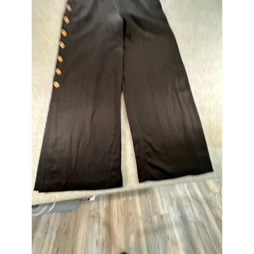 Zara Womens XXL Black Linen Blend Wide Leg Nautical Gold Button Trousers Pants